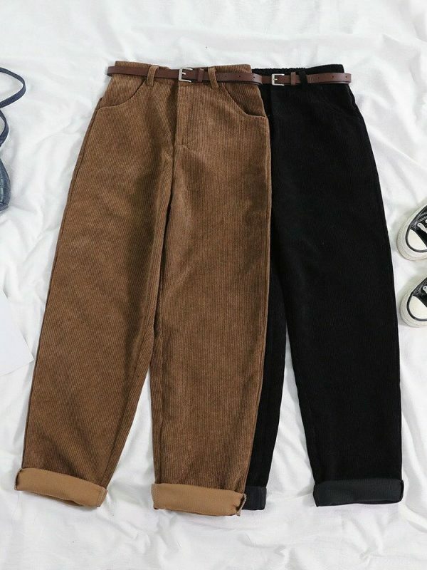 Y2K Style Corduroy Pants with Wide Leg Fit and Stylish Belt