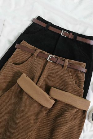 Y2K Style Corduroy Pants with Wide Leg Fit and Stylish Belt