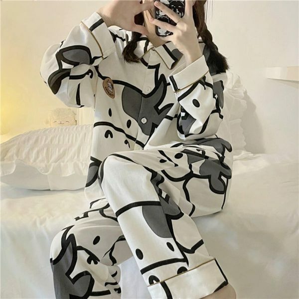 Y2K Style Cow Cartoon Print Pajama Set for Women - Japanese Inspired Cotton Sleepwear Outfit