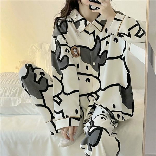 Y2K Style Cow Cartoon Print Pajama Set for Women - Japanese Inspired Cotton Sleepwear Outfit