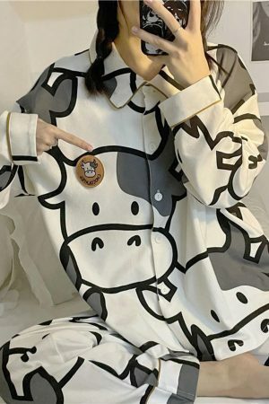 Y2K Style Cow Cartoon Print Pajama Set for Women - Japanese Inspired Cotton Sleepwear Outfit