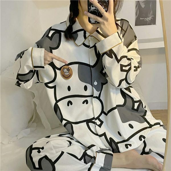 Y2K Style Cow Cartoon Print Pajama Set for Women - Japanese Inspired Cotton Sleepwear Outfit