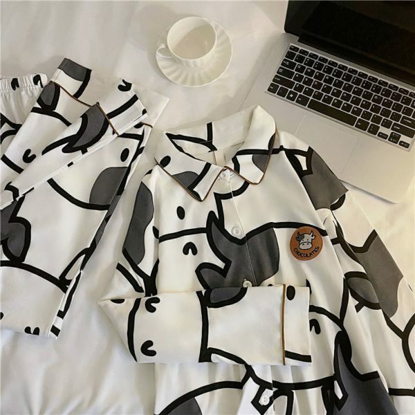 Y2K Style Cow Cartoon Print Pajama Set for Women - Japanese Inspired Cotton Sleepwear Outfit