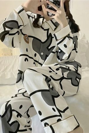 Y2K Style Cow Cartoon Print Pajama Set for Women - Japanese Inspired Cotton Sleepwear Outfit