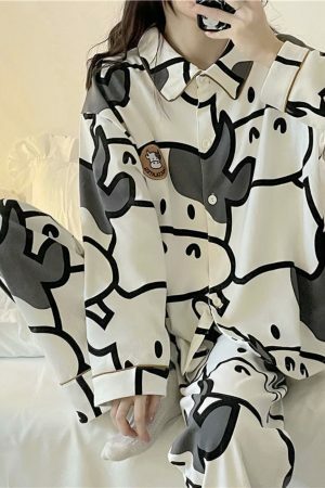 Y2K Style Cow Cartoon Print Pajama Set for Women - Japanese Inspired Cotton Sleepwear Outfit