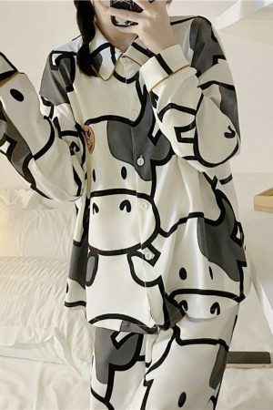 Y2K Style Cow Cartoon Print Pajama Set for Women - Japanese Inspired Cotton Sleepwear Outfit