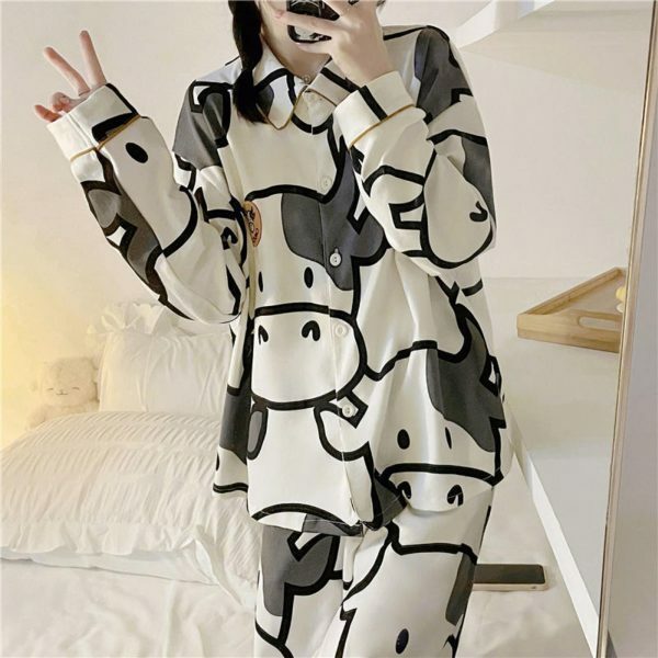 Y2K Style Cow Cartoon Print Pajama Set for Women - Japanese Inspired Cotton Sleepwear Outfit