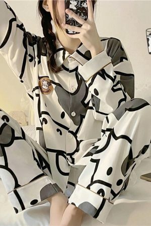 Y2K Style Cow Cartoon Print Pajama Set for Women - Japanese Inspired Cotton Sleepwear Outfit