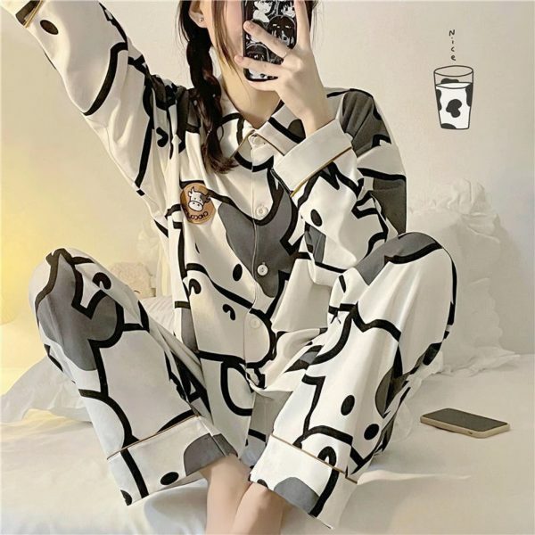 Y2K Style Cow Cartoon Print Pajama Set for Women - Japanese Inspired Cotton Sleepwear Outfit