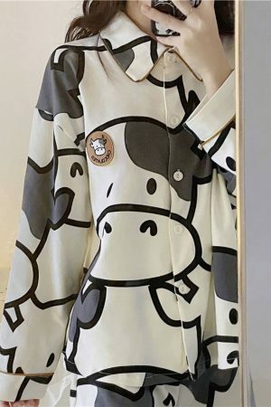 Y2K Style Cow Cartoon Print Pajama Set for Women - Japanese Inspired Cotton Sleepwear Outfit