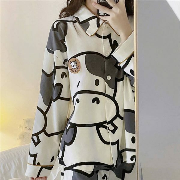 Y2K Style Cow Cartoon Print Pajama Set for Women - Japanese Inspired Cotton Sleepwear Outfit