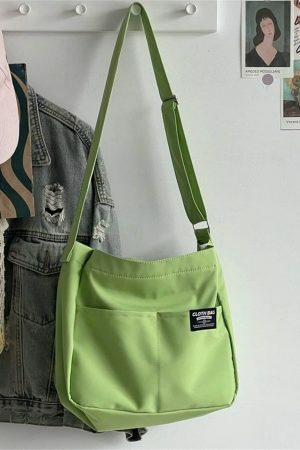 Y2K Style Green Canvas Multi-Pocket Tote Bag for Women