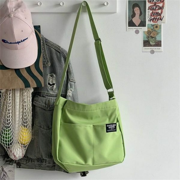 Y2K Style Green Canvas Multi-Pocket Tote Bag for Women