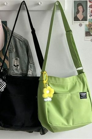 Y2K Style Green Canvas Multi-Pocket Tote Bag for Women