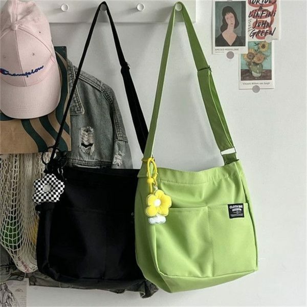 Y2K Style Green Canvas Multi-Pocket Tote Bag for Women