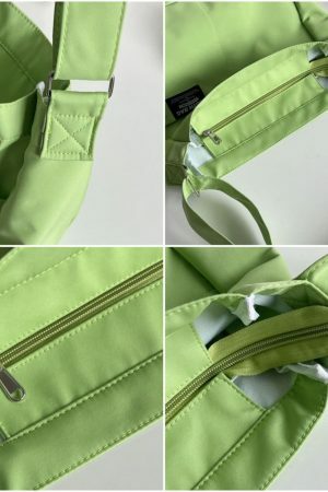 Y2K Style Green Canvas Multi-Pocket Tote Bag for Women