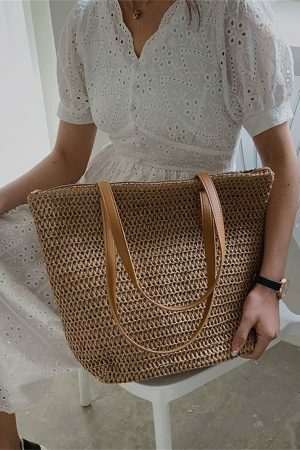 Y2K Style Handmade French Market Straw Shoulder Bag