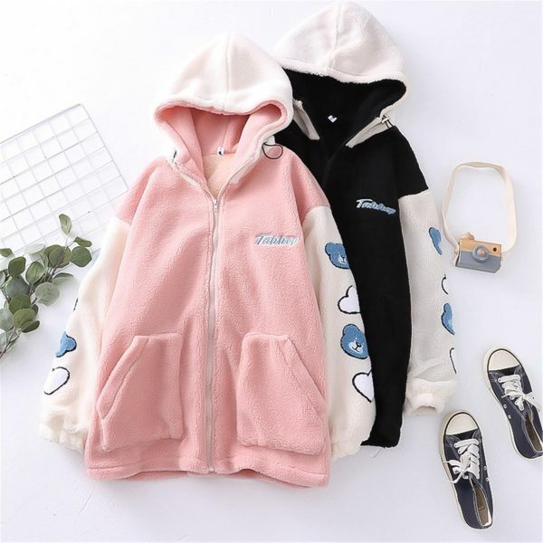 Y2K Style Hooded Lamb Wool Winter Coat for Fashionable Students