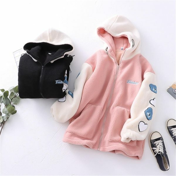 Y2K Style Hooded Lamb Wool Winter Coat for Fashionable Students