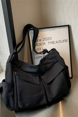 Y2K Style Large Capacity Canvas Shoulder Bag with Multiple Pockets