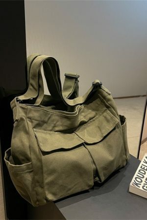 Y2K Style Large Capacity Canvas Shoulder Bag with Multiple Pockets