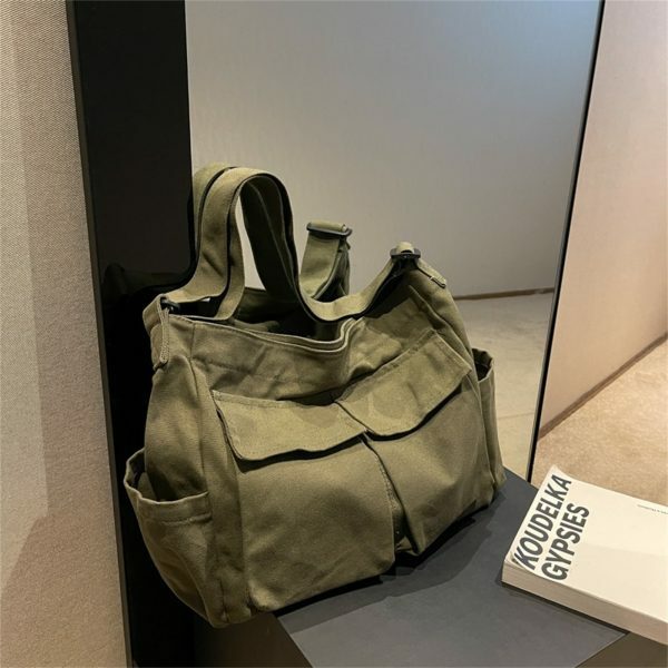 Y2K Style Large Capacity Canvas Shoulder Bag with Multiple Pockets