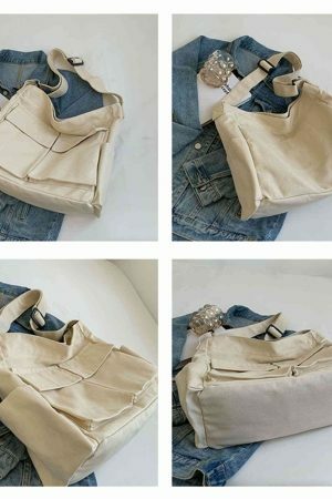 Y2K Style Large Capacity Canvas Shoulder Bag with Multiple Pockets