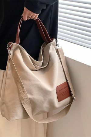 Y2K Style Large Capacity Canvas Tote Bag with PU Leather Accents