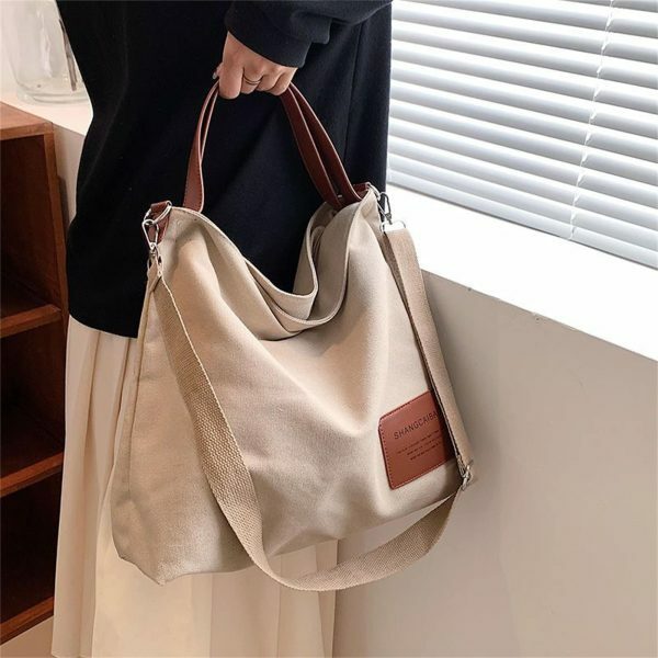 Y2K Style Large Capacity Canvas Tote Bag with PU Leather Accents