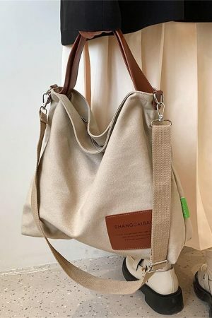 Y2K Style Large Capacity Canvas Tote Bag with PU Leather Accents