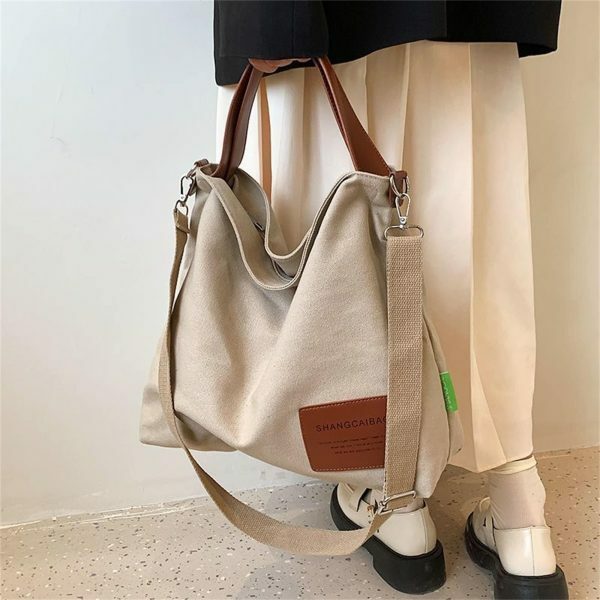 Y2K Style Large Capacity Canvas Tote Bag with PU Leather Accents