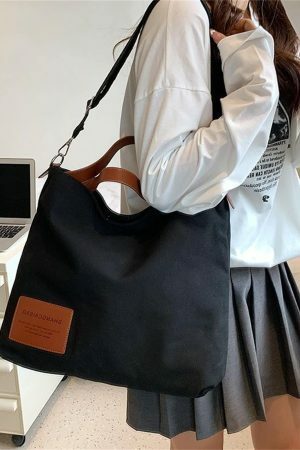 Y2K Style Large Capacity Canvas Tote Bag with PU Leather Accents