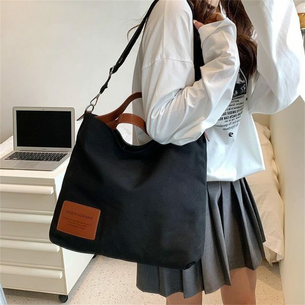 Y2K Style Large Capacity Canvas Tote Bag with PU Leather Accents