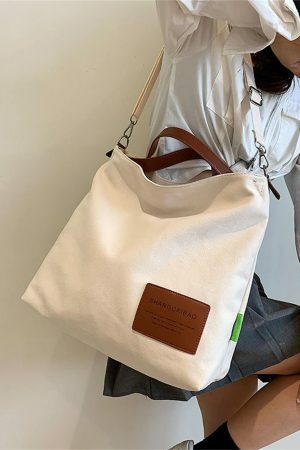 Y2K Style Large Capacity Canvas Tote Bag with PU Leather Accents