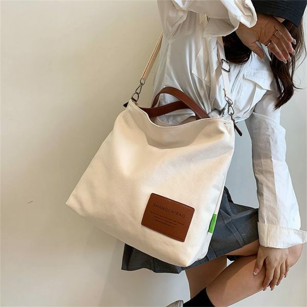 Y2K Style Large Capacity Canvas Tote Bag with PU Leather Accents