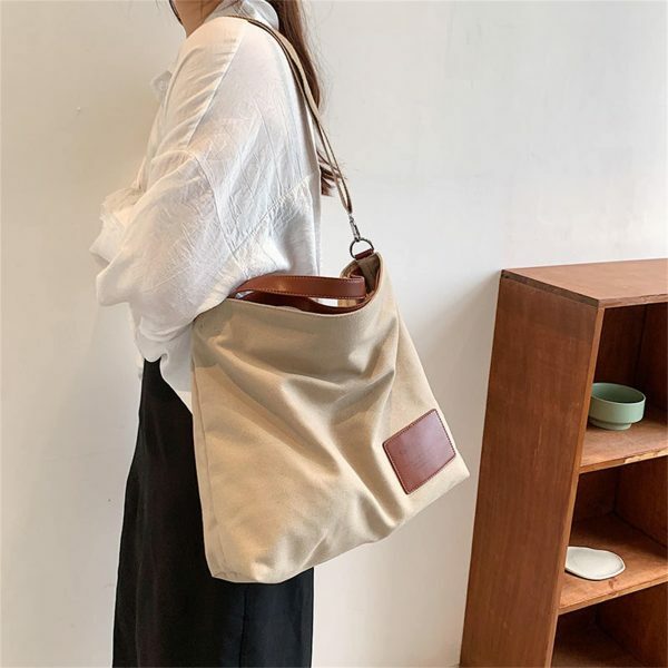 Y2K Style Large Capacity Canvas Tote Bag with PU Leather Accents