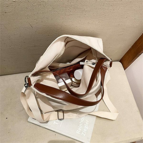 Y2K Style Large Capacity Canvas Tote Bag with PU Leather Accents