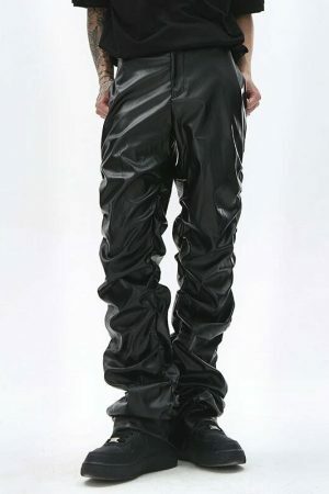 Y2K Style Men's Pleated Faux Leather Pants Streetwear Ruched Casual Trousers