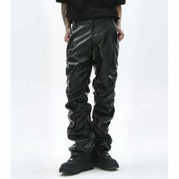 Y2K Style Men's Pleated Faux Leather Pants Streetwear Ruched Casual Trousers