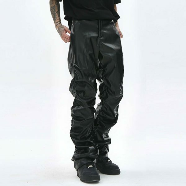 Y2K Style Men's Pleated Faux Leather Pants Streetwear Ruched Casual Trousers