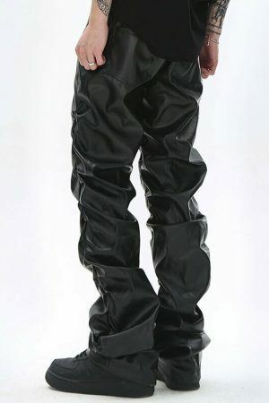 Y2K Style Men's Pleated Faux Leather Pants Streetwear Ruched Casual Trousers