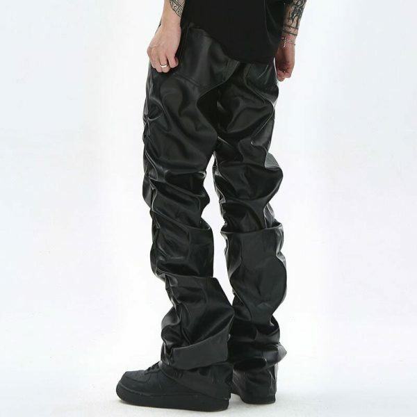 Y2K Style Men's Pleated Faux Leather Pants Streetwear Ruched Casual Trousers