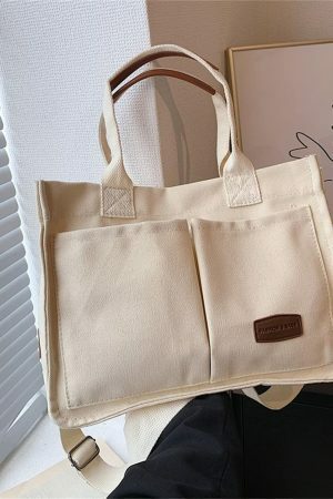 Y2K Style Multi-Pocket Canvas Tote Bag for Women