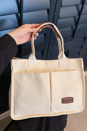 Y2K Style Multi-Pocket Canvas Tote Bag for Women