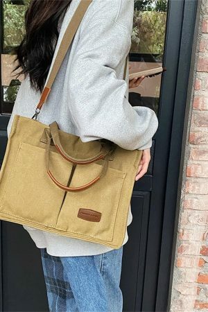 Y2K Style Multi-Pocket Canvas Tote Bag for Women