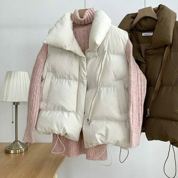 Y2K Style Padded Puff Vest with Drawstring Waist - Women's Streetwear Fashion