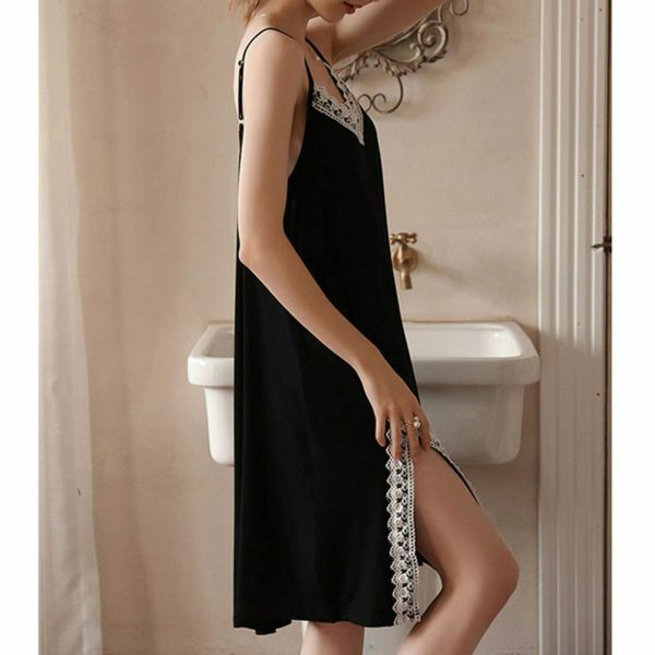 Y2K Style Plus Size Lace V-Neck Nightgown with Slit Hem