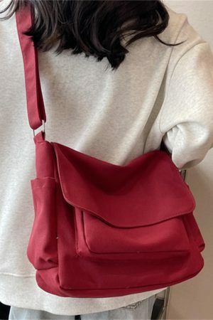 Y2K Style Red Canvas Tote Bag for Women - Streetwear Shoulder Shopping Bag