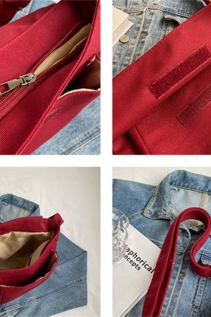 Y2K Style Red Canvas Tote Bag for Women - Streetwear Shoulder Shopping Bag