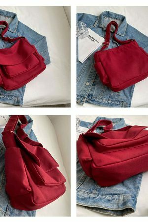 Y2K Style Red Canvas Tote Bag for Women - Streetwear Shoulder Shopping Bag